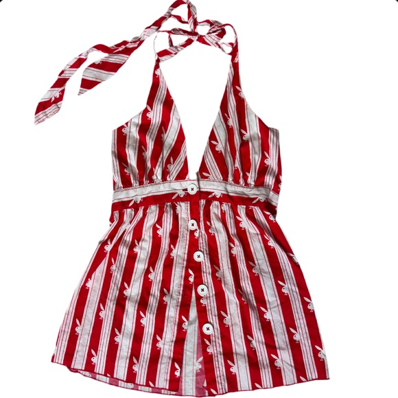 PLAYBOY Tops - Playboy halter tank top striped white red buttons pin up girl rabbit heads RARE